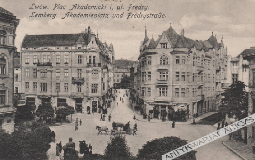 [pocztówka, 1915] Lwów. Plac Akademicki i ul. Fredry. Lemberg. Akademieplatz und Fredrystrasse.