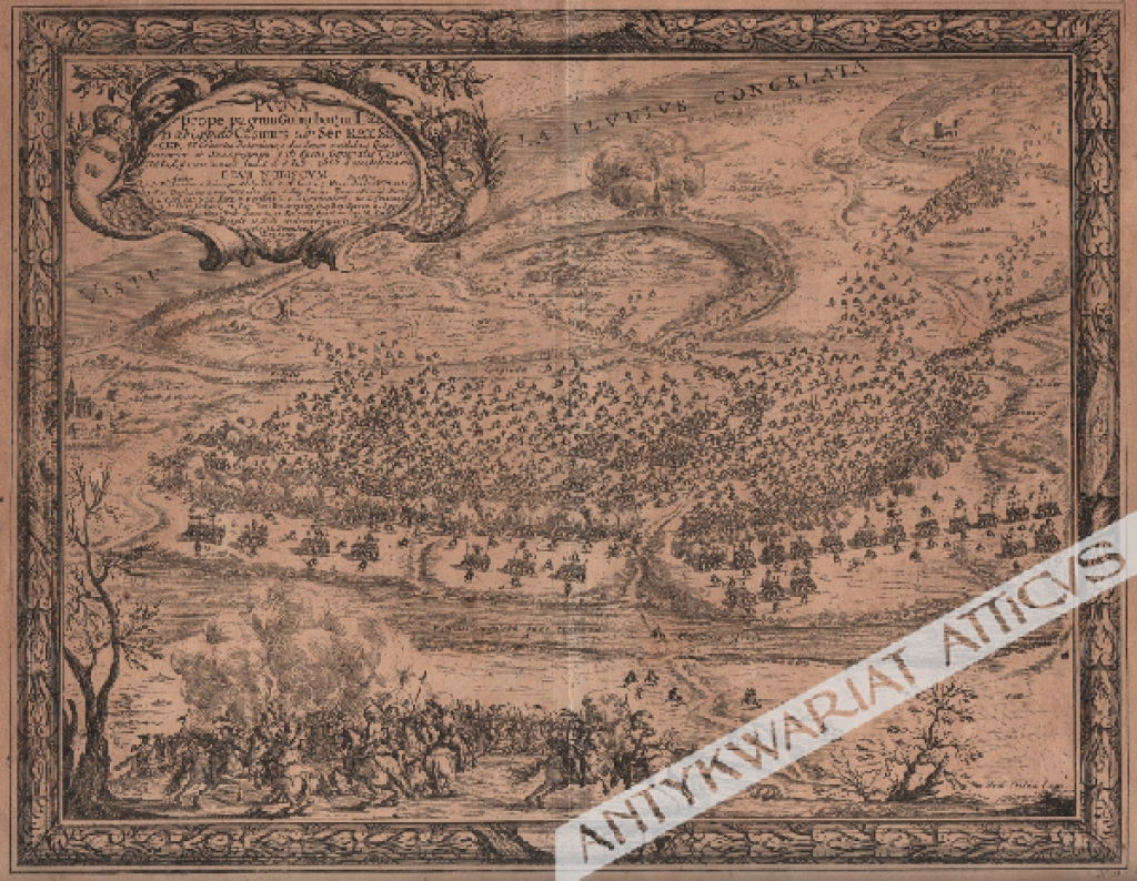 [rycina, 1696-1729] [Panorama bitwy pod Gołębiem (19 lutego 1656)] Pugna prope pagum Golumbo 1 1/2 milliari ab Oppido Casimirs, ubi Ser. Rex Sueciae,..