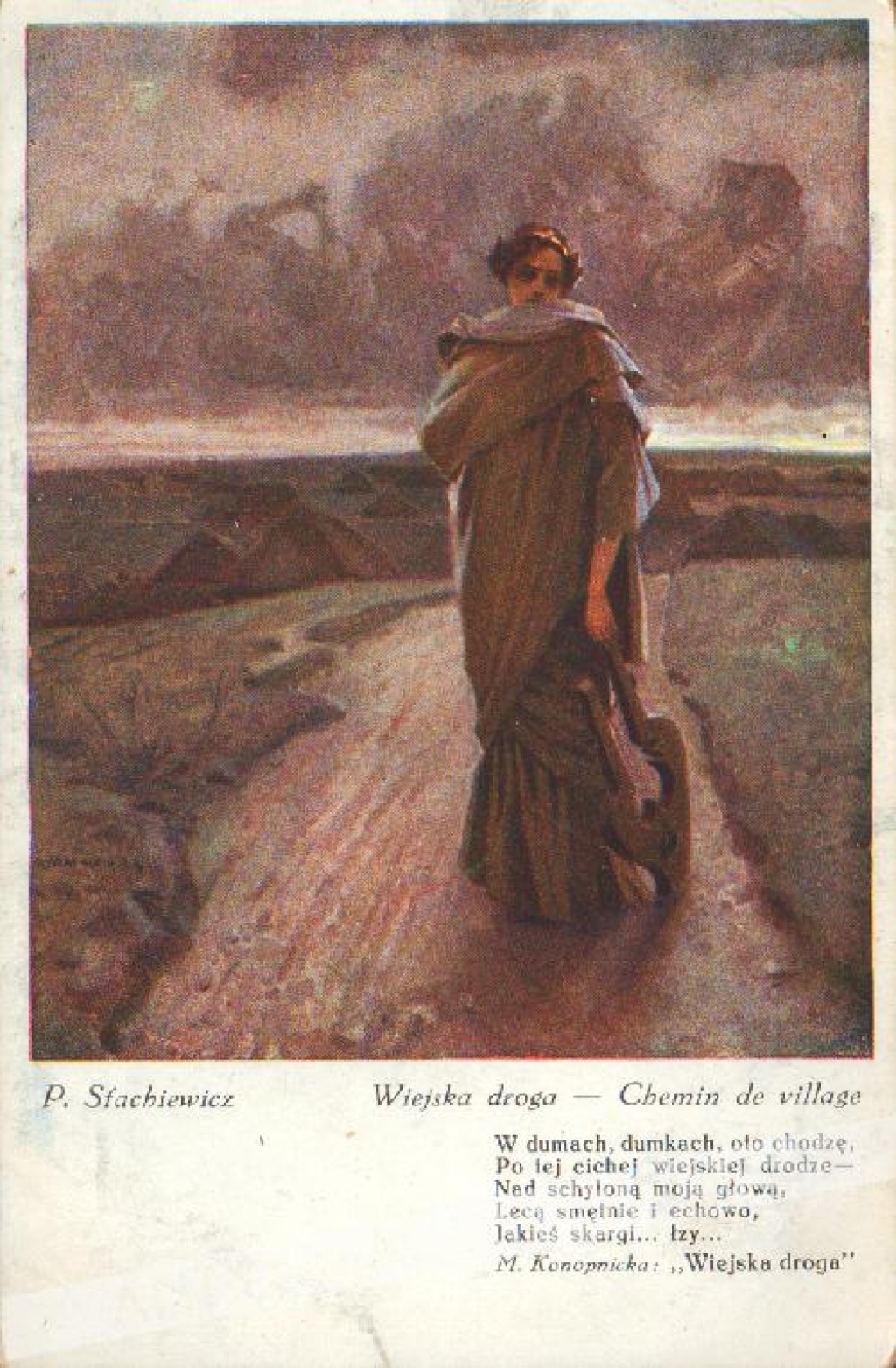 [pocztówka ok.1920] Wiejska droga - Chemin de village. P. Stachiewicz