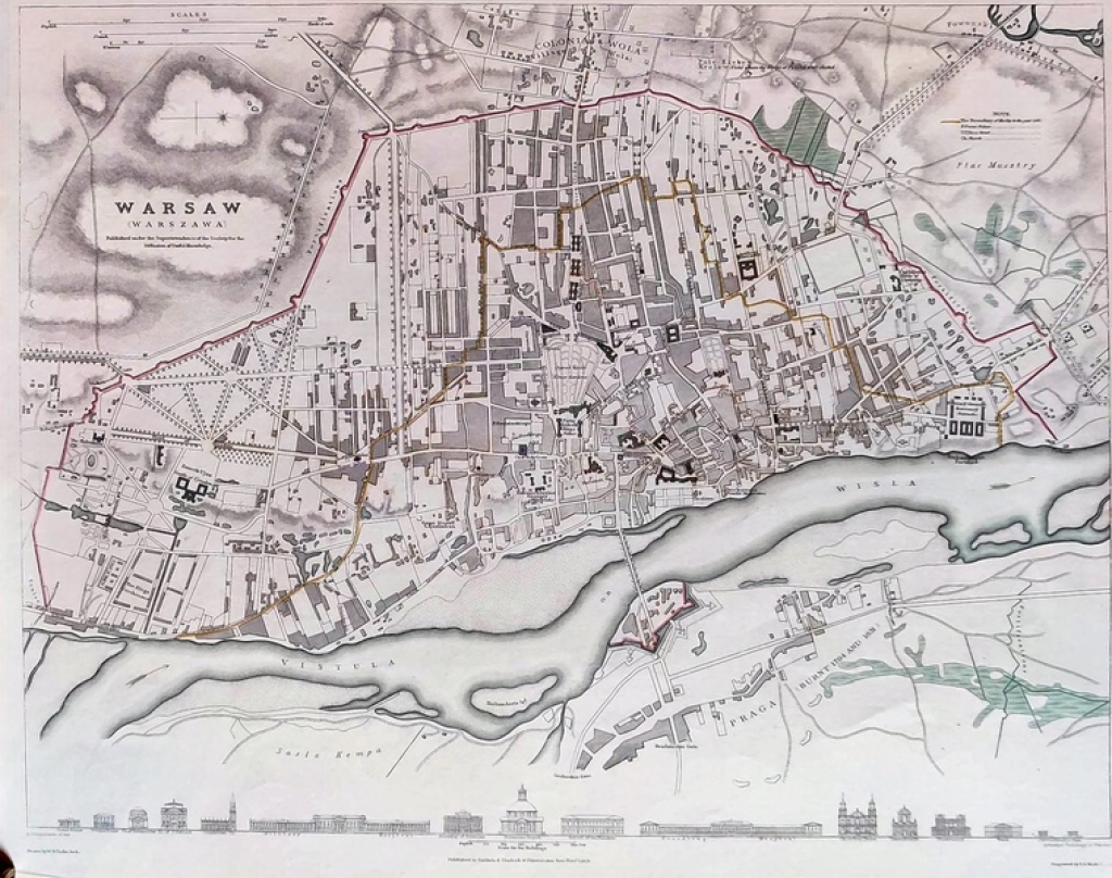 [plan Warszawy, 1831] Warsaw (Warszawa). Published under the superintendence of the Society for the Diffusion of Useful Knowledge [SDUK]. Drawn by W.B. Clarke, archt. Engraved by T.E. Nicholson. Published by  Baldwin i Cradock, London 1831