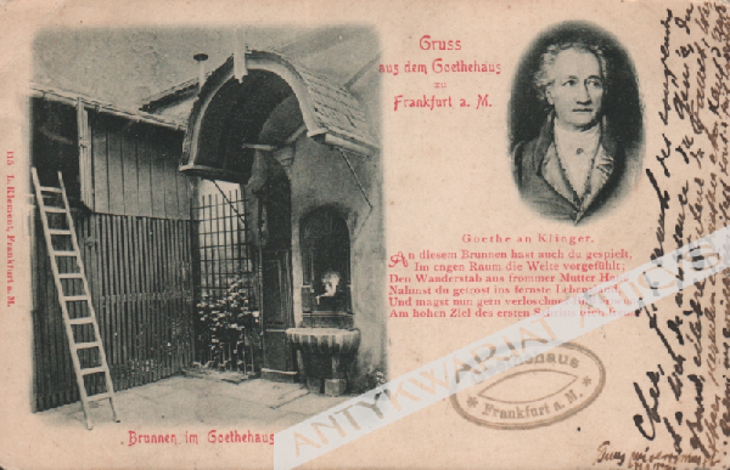 [pocztówka, ok. 1902] [Dom Goethego we Frankfurcie nad Menem] Gruss aus dem Goethehaus zu Frankfurt a. M. Brunnen im Goethehaus