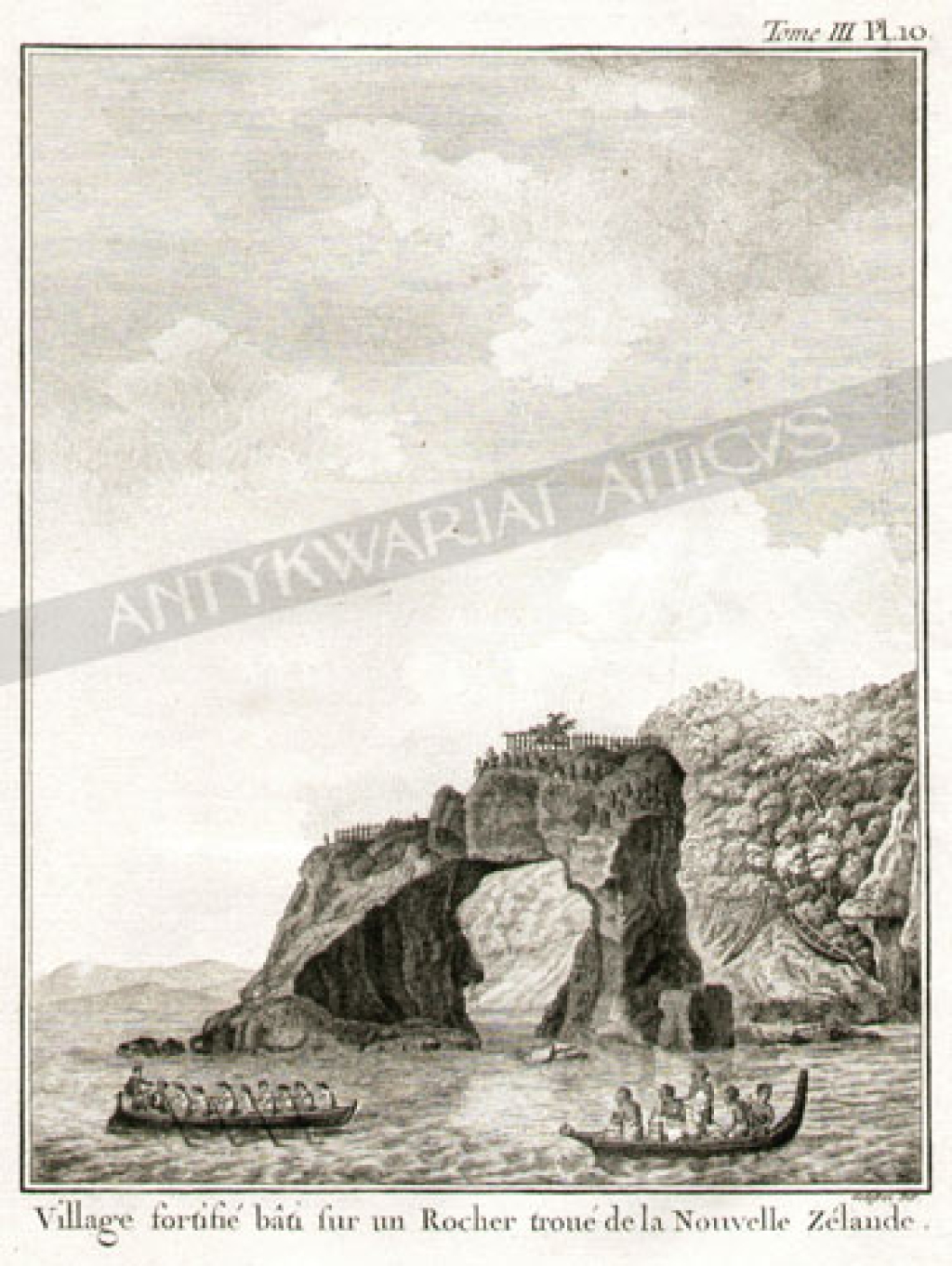 [rycina, ok. 1790] Village fortifie bati sur un Rocher troue de la Nouvelle Zelande.  [Nowa Zelandia]