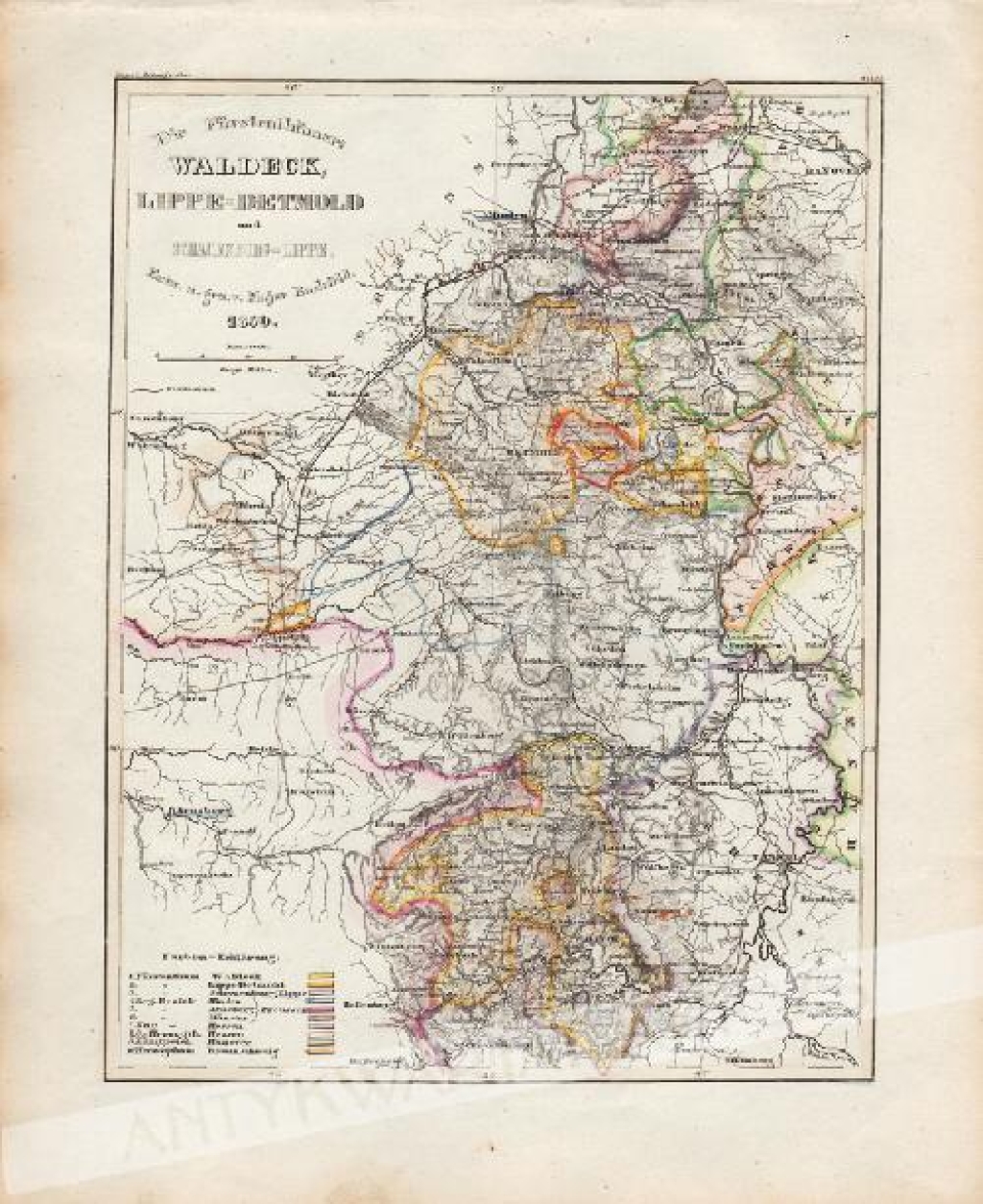 [mapa, 1850] Die Furstenthumer: Waldeck, Lippe Detmold und Schauenburg Lippe [Księstwo Lippe]