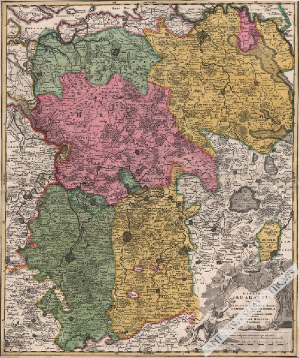 [mapa Brabancji, Holandii, Belgii, Leuven [Lovania], lasów królewskich ok. 1720] Ducatus Brabantiae Nova Tabula in qua Lovanii Bruxellarum March S. Imperii, Syluae Ducis et Mechliniae Dominia in suas quasi, minores Dictiones Subdivila ostenduntur a Io. Ba