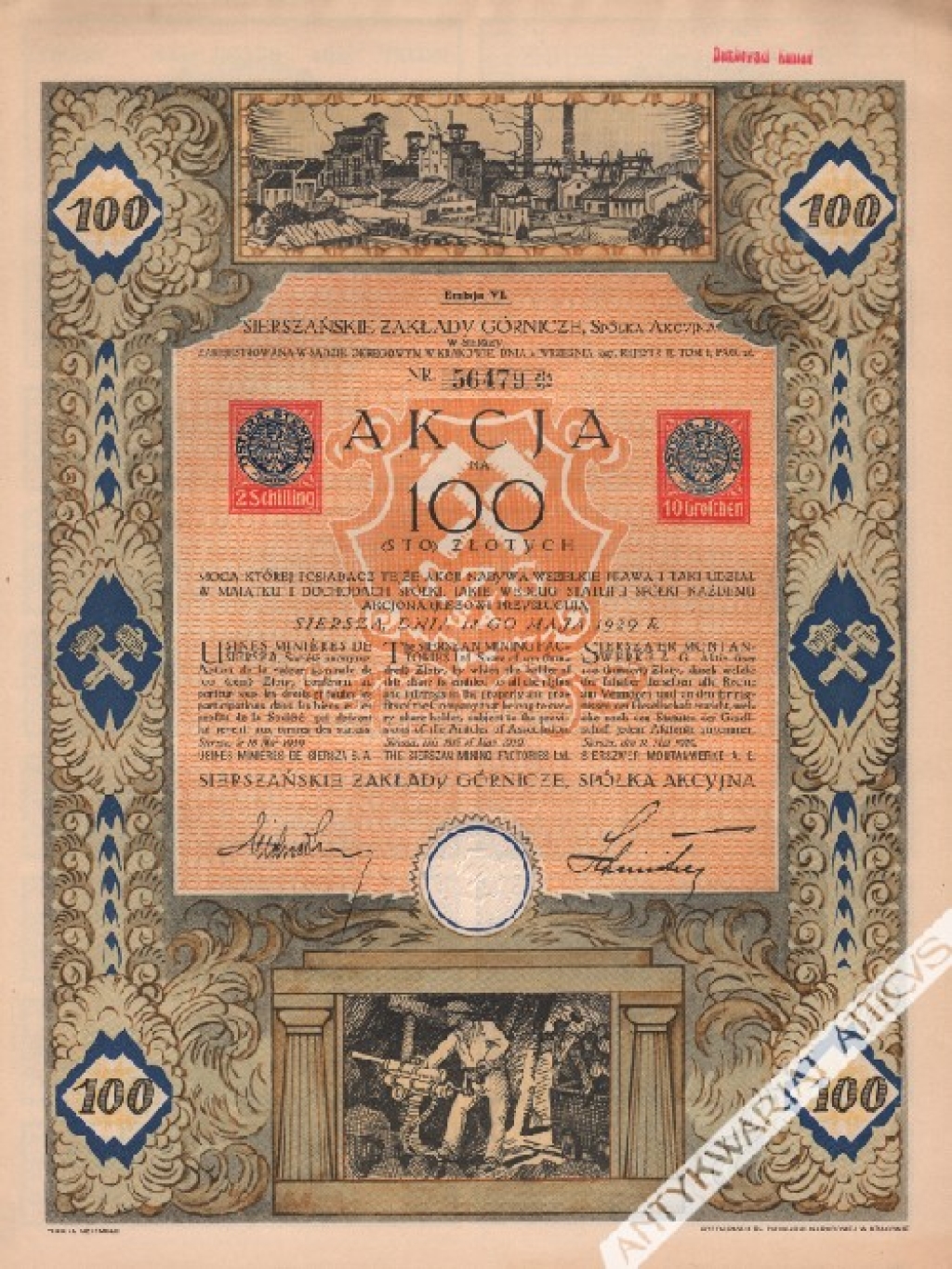 [akcja, 1929] Sierszańskie Zakłady Górnicze. Akcja na 100 zł.