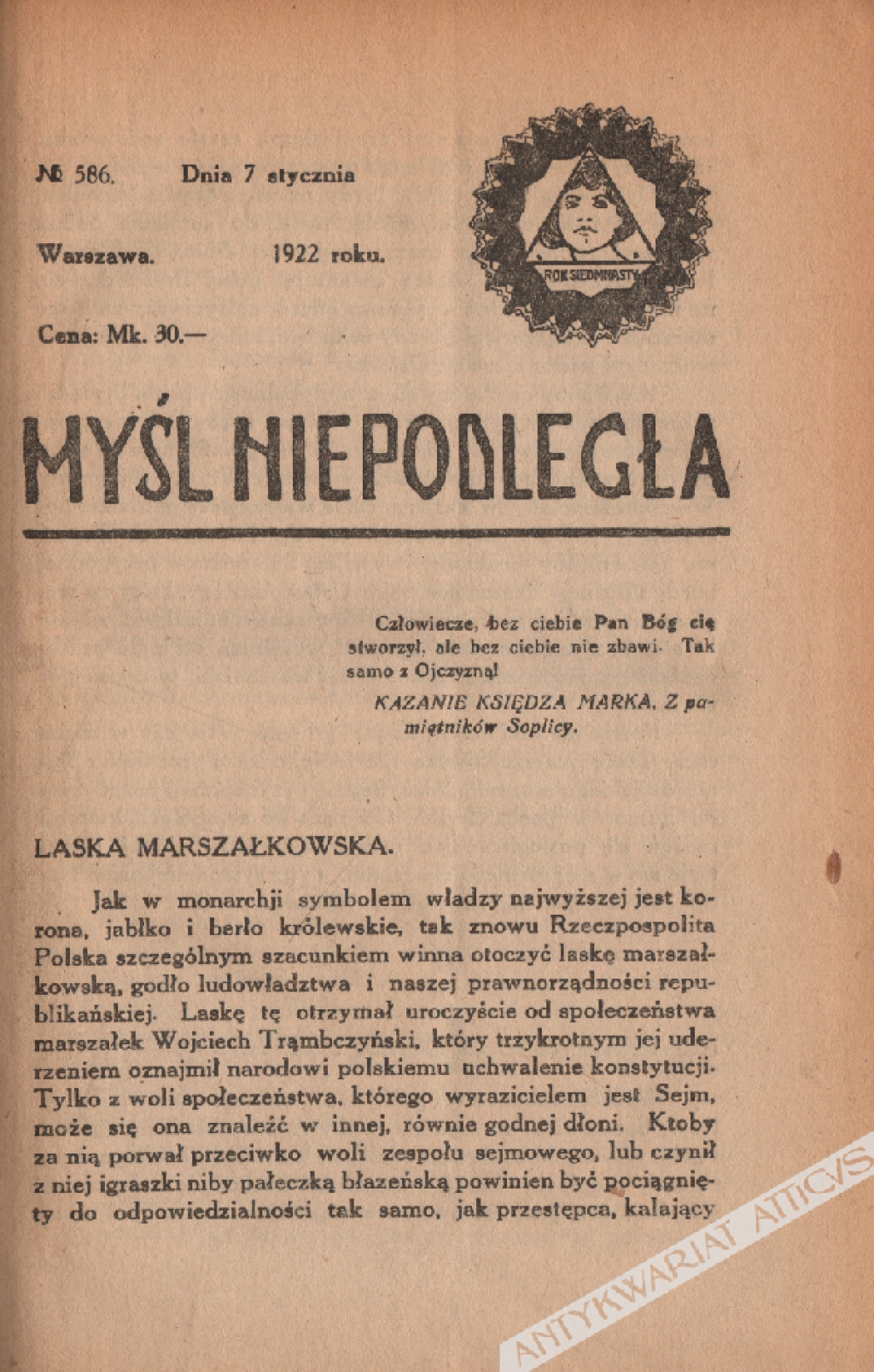 Myśl Niepodległa, rok 1922 (nr 586-601) Myśl Narodowa. Tygodnik polityczno-społeczny, rok 1922 (nr 15) [współoprawne]