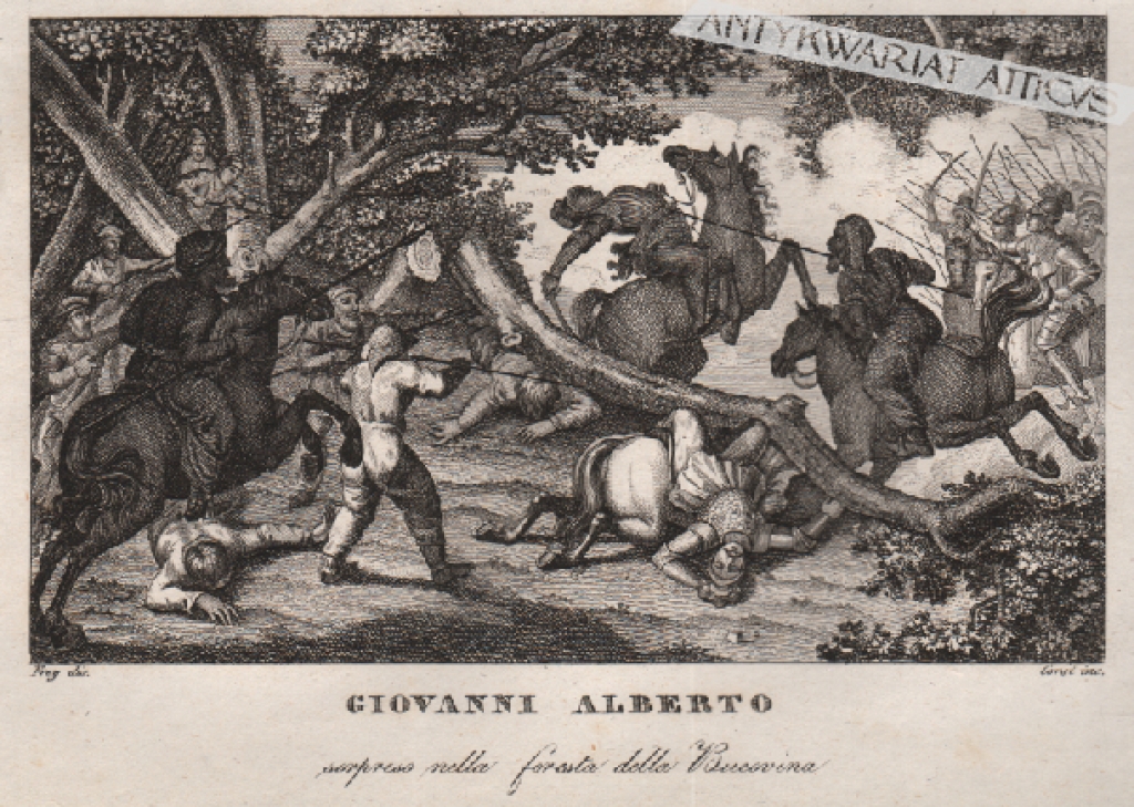 [rycina, 1831 r.] Giovanni Alberto (sorpreso nella foresta della Bucovina) [Jan Olbracht zaskoczony w lasach Bukowiny (bitwa pod Koźminem, 26 października 1497 r.)]