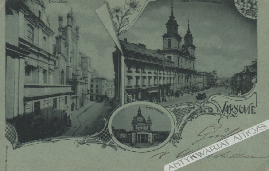 [pocztówka, ok. 1899] [Warszawa] Varsovie: Cathedrale St. Jean. Eglise de la Ste Croix. Eglise de St. Alexandre.