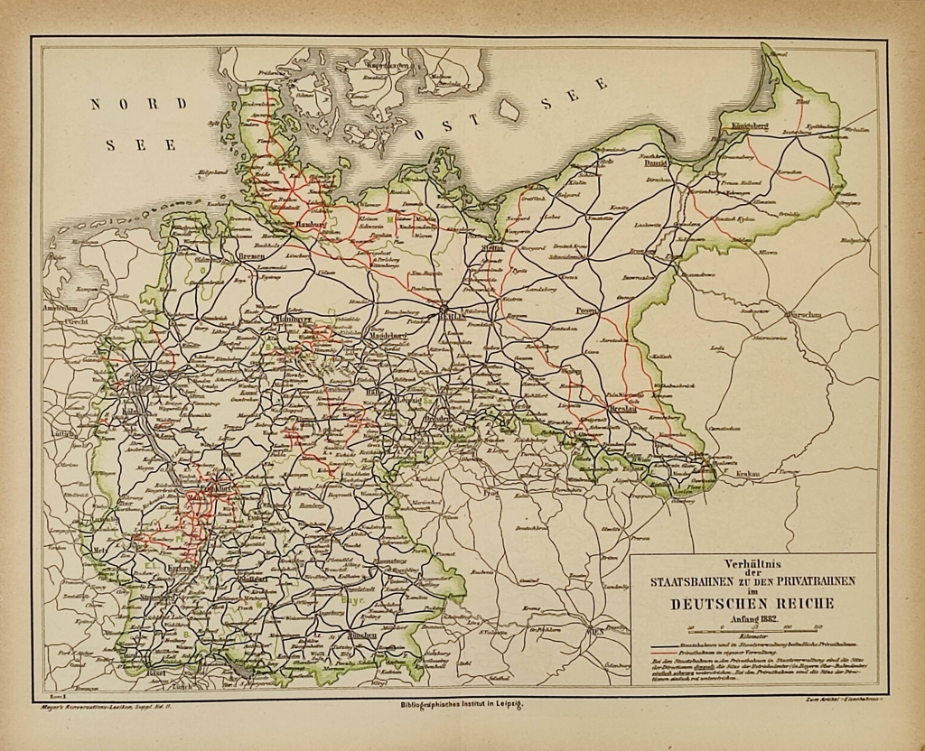 [mapa kolejowa, Niemcy, 1882] Verhaltnis  der Staatsbahnen zu den Privatbahnen im Deutschen Reiche. Anfang 1882