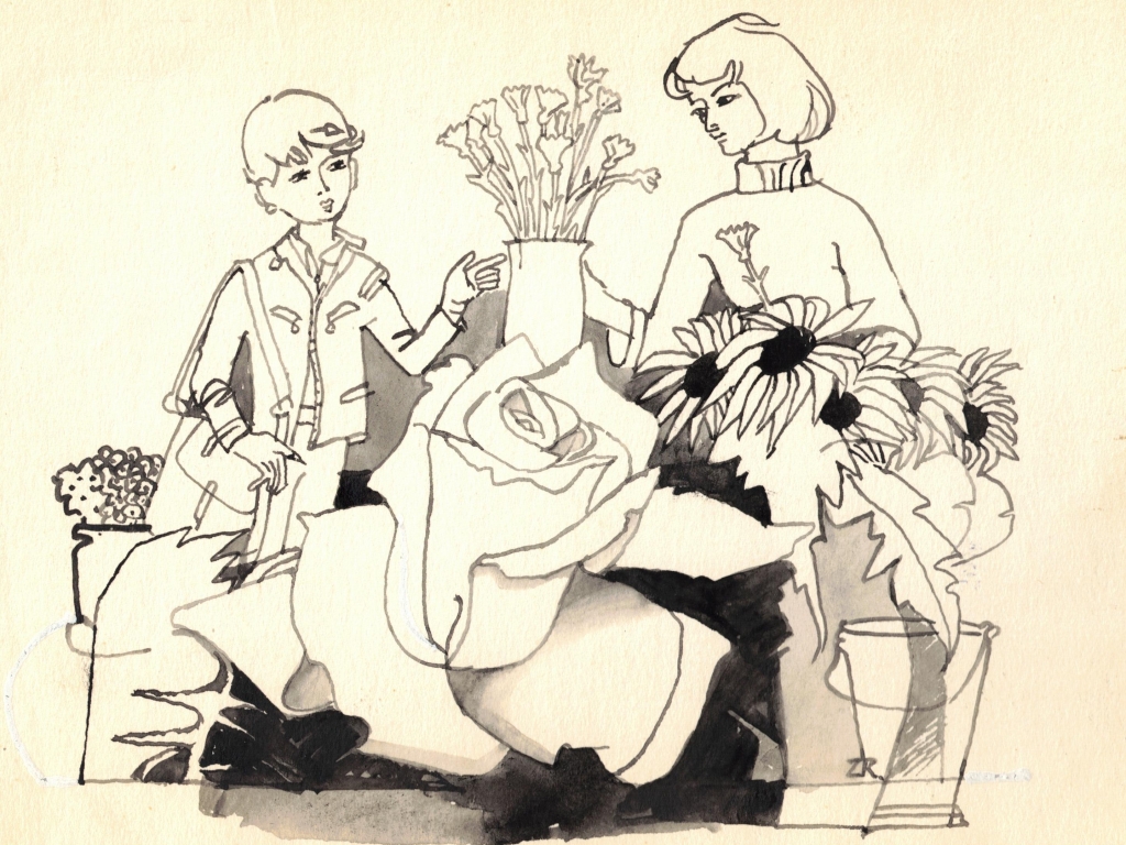 [rysunek, 1981] "Mogę ci dać tylko te kwiaty..."