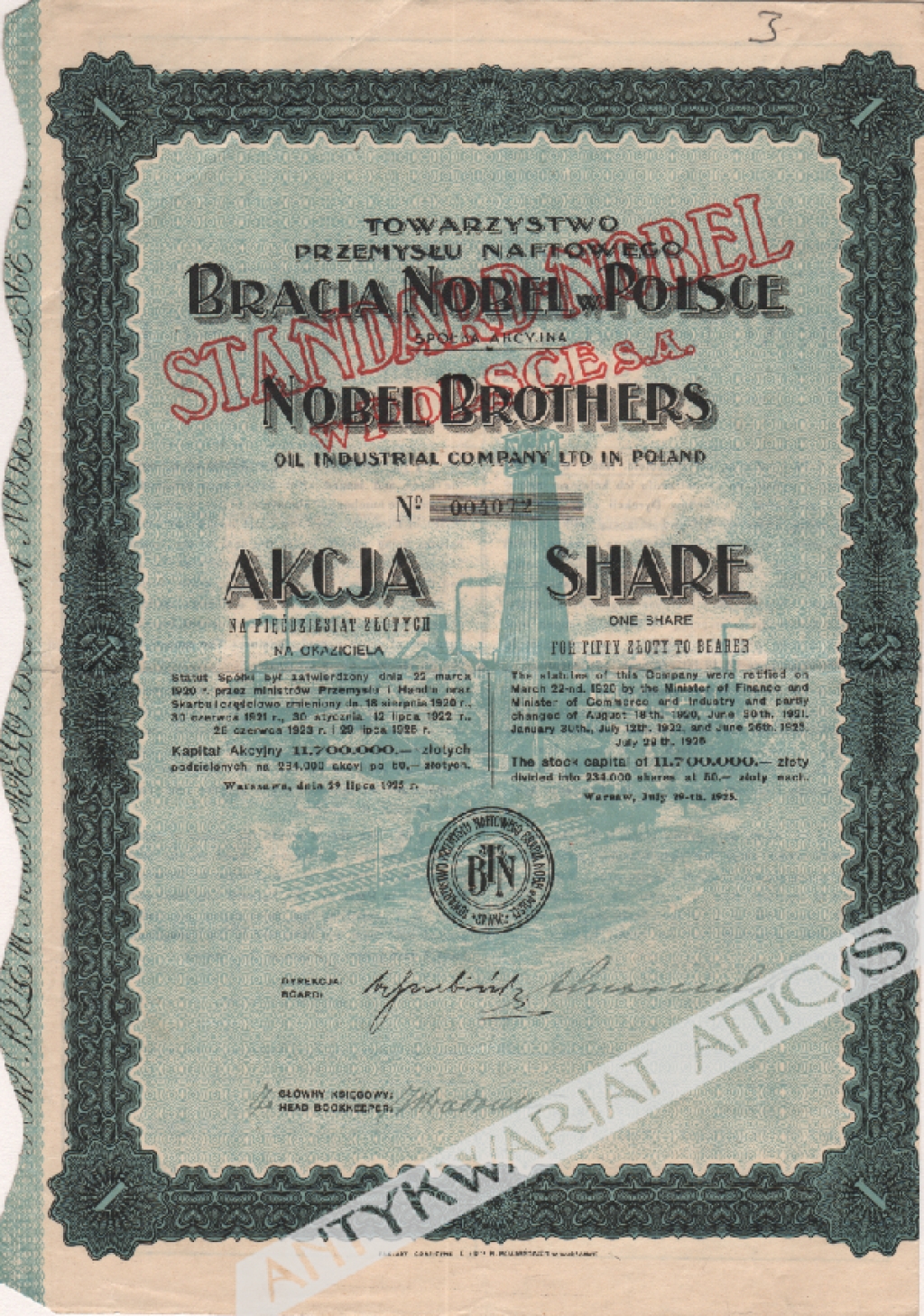 [akcja, 1925] Towarzystwo Przemysłu Naftowego Bracia Nobel w Polsce Akcja na 50 zł. Nobel Brothers Oil Industrial Company Ltd in Poland. One share for fifty złoty to bearer.
