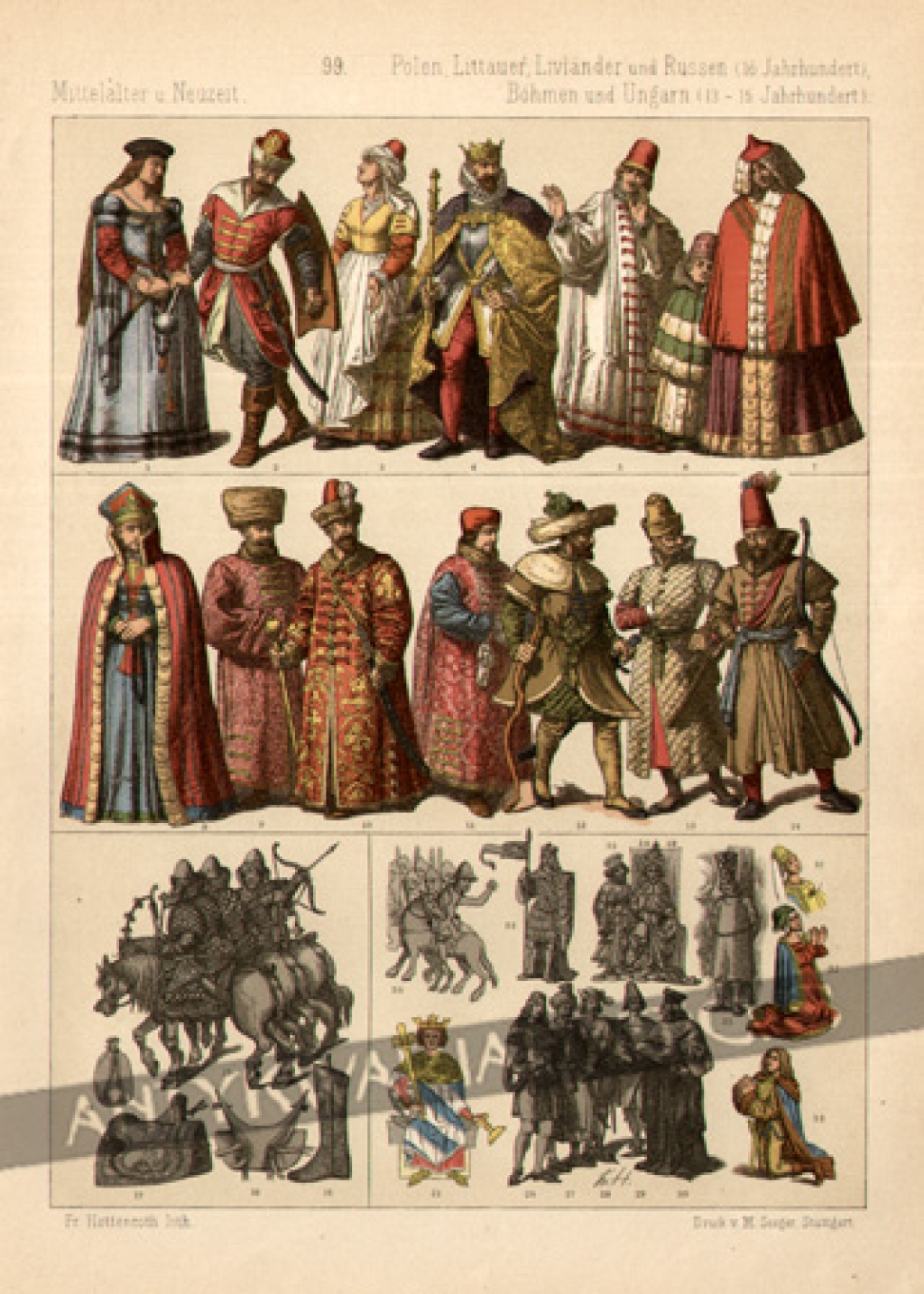 [rycina, 1891] [Typy ubiorów w Polsce i Europie Wschodniej XIII-XVI w.] Polen, Livlander und Russen, Bohmen und Ungarn (13 - 16 Jahrhundert)