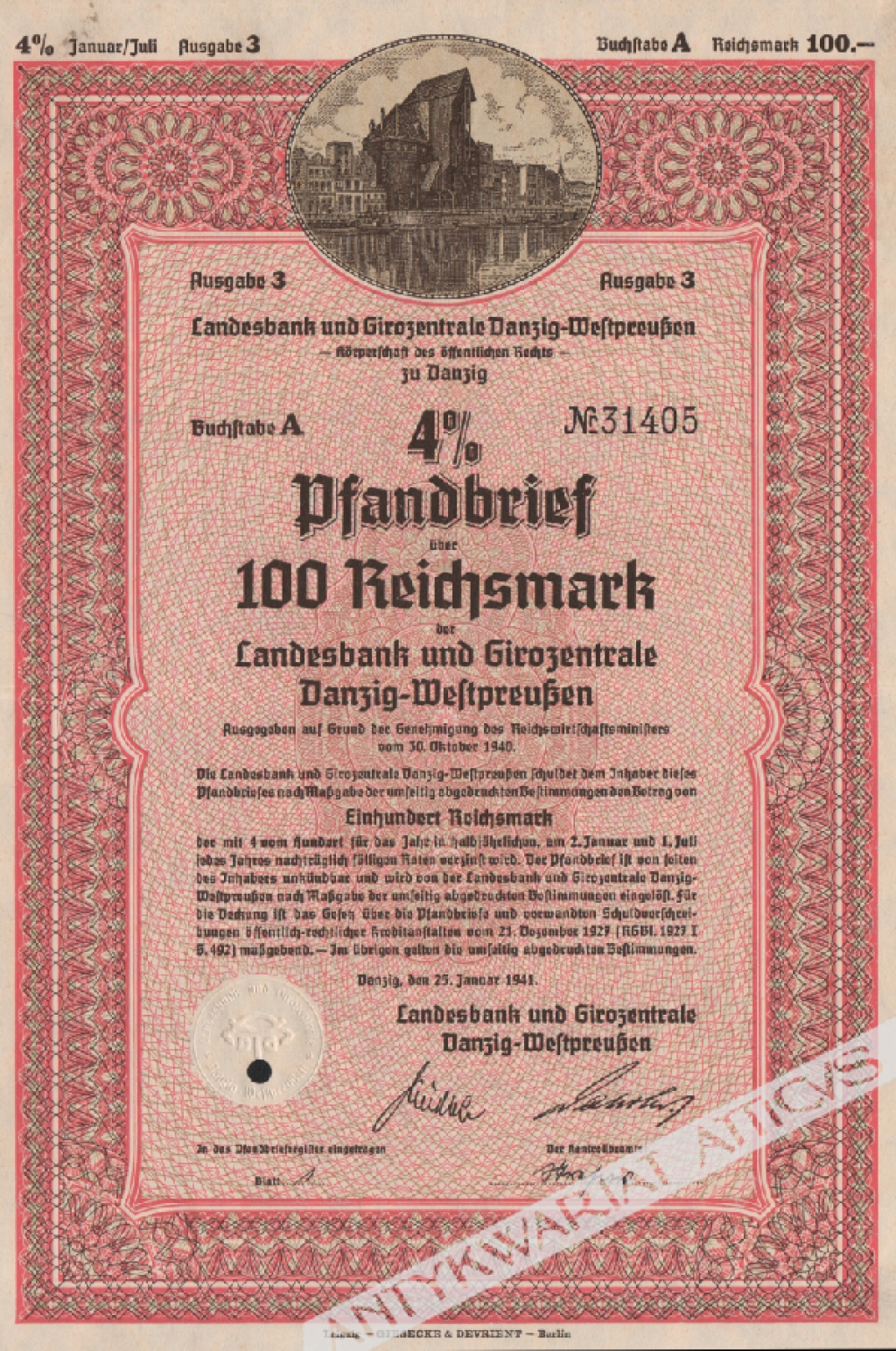 [list zastawny] 4% Pfandbrief uber 100 Reichsmark der Landesbank und Girozentrale Danzig-Westpreussen