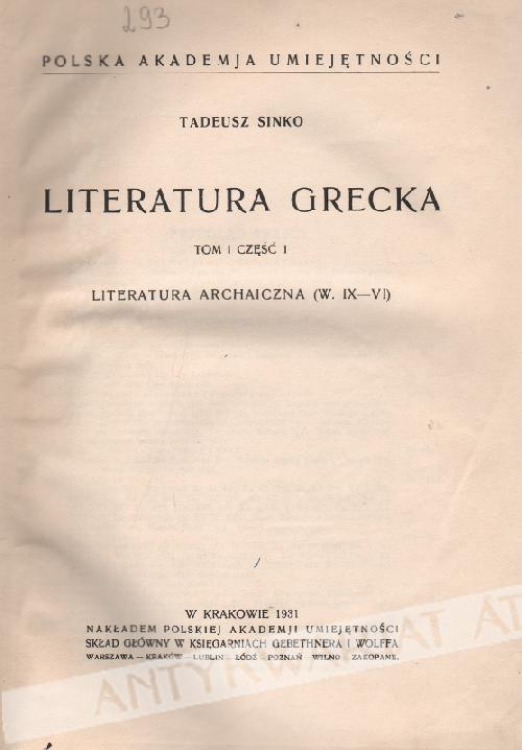 Literatura grecka, t. I-III, [w 6 woluminach]