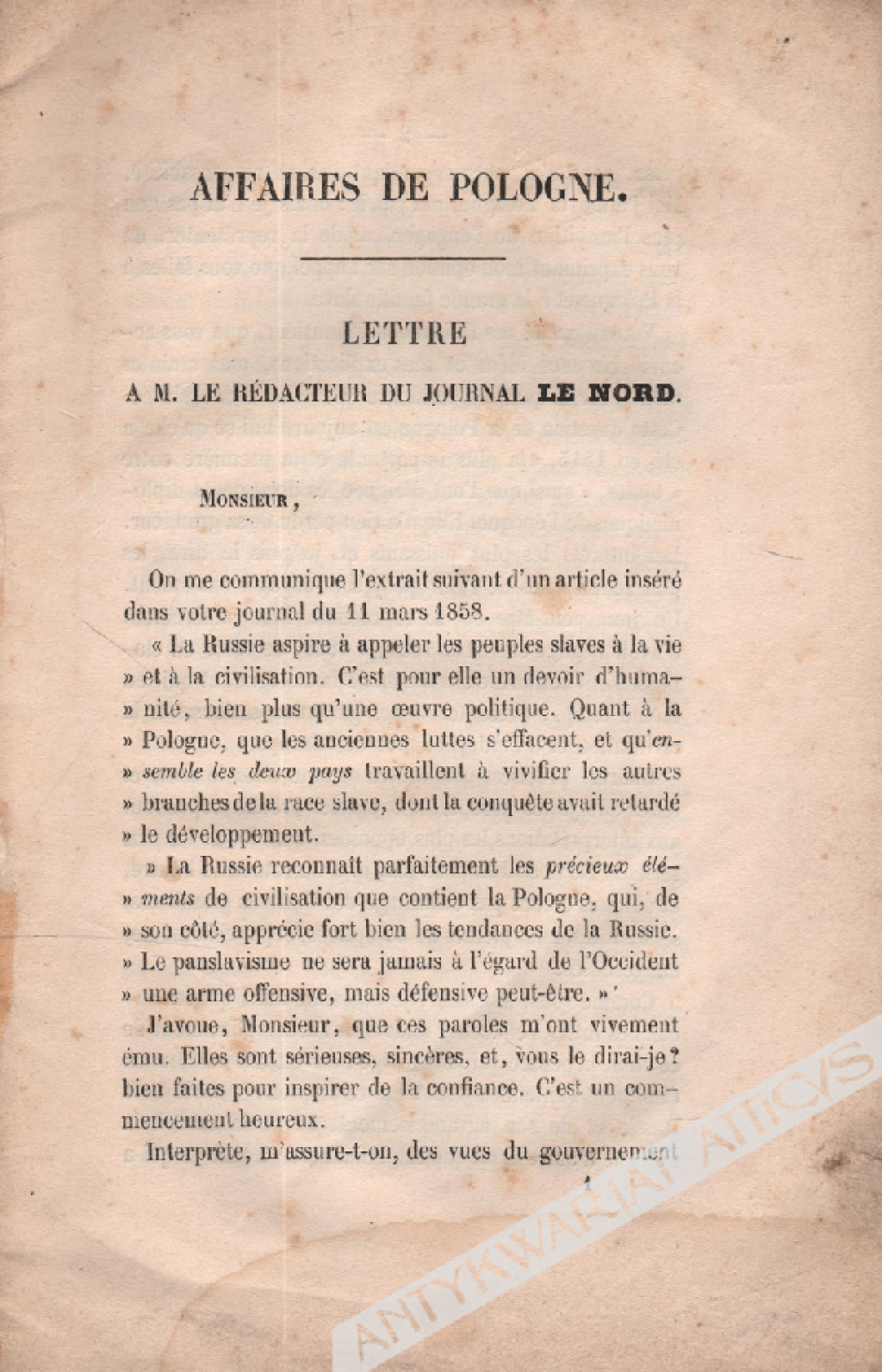 Affaires de Pologne. Lettre A.M. le redacteur du journal Le Nord [egz. z księgozbioru prof. J. Łojka]