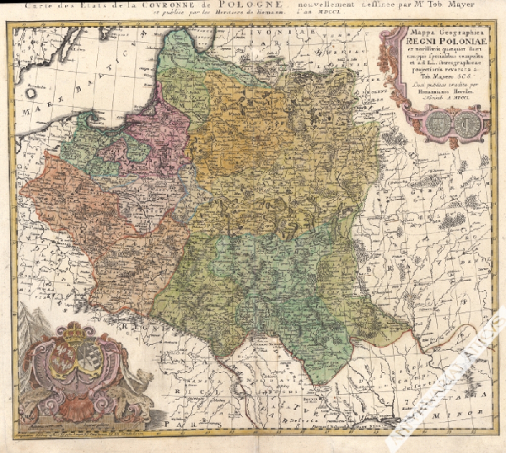 [mapa, Polska, 1750] Mappa Geographica Regni Poloniae ex novissimis quot quot sunt mappis specialibus composita et ad LL. stereographicae projectionis revocata a Tob. Mayero S.C.S
