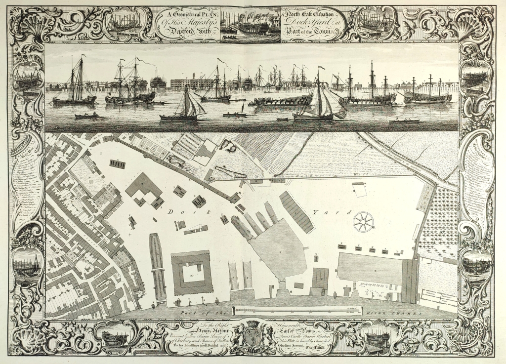 [rycina, 1753 r.] A Geometrical Plan, & North East Elevation Of His Majesty's Dock-Yard at Deptford
