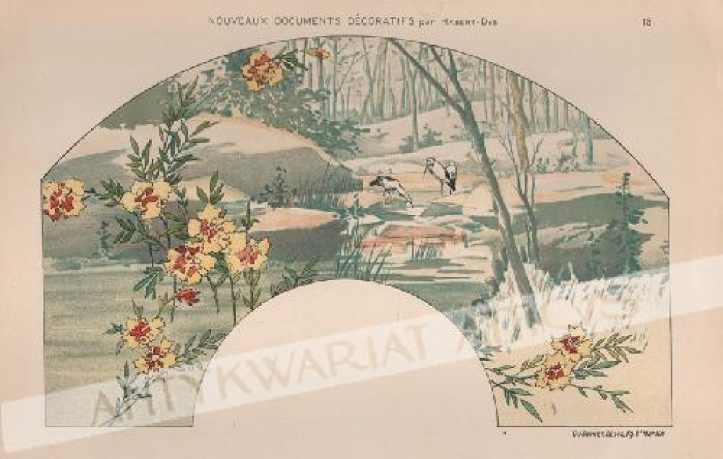 [rycina, ok.1900] Evantail, oiseaux aquatiques, paysage et fleurs
