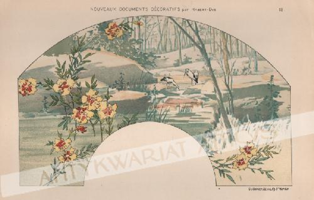 [rycina, ok.1900] Evantail, oiseaux aquatiques, paysage et fleurs  [secesyjny wzór dekoracji]