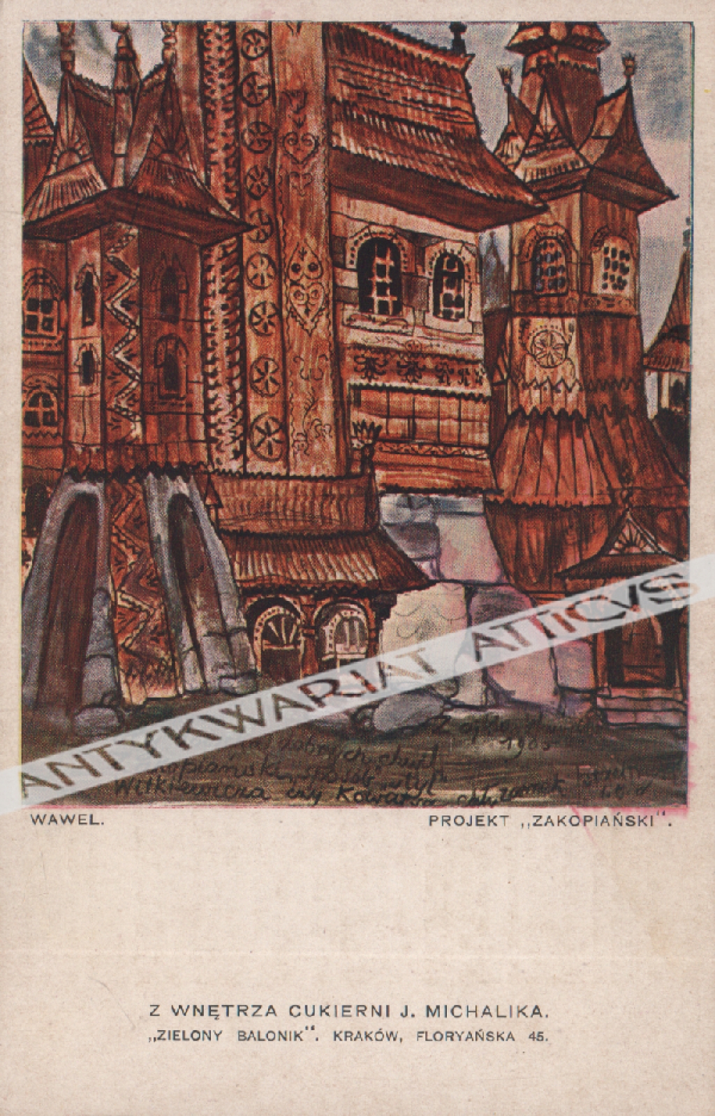 [pocztówka, lata 1930-te] Z wnętrza Cukierni J. Michalika. "Zielony Balonik". Kraków Floryańska 45 Wawel. Projekt "zakopiański"