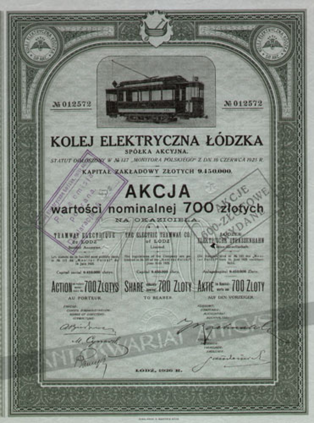 [akcja] Kolej Elektryczna Łódzka SA. Akcja wartości nominalnej 700 złotychThe Electric Tramway Co. of Lodz. Share valuable nominal 700 zloty