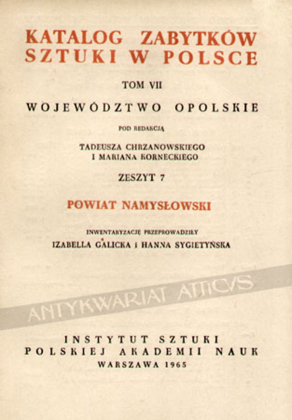 Katalog zabytków sztuki w Polsce, t. VII - województwo opolskie, zesz. 7, powiat namysłowski