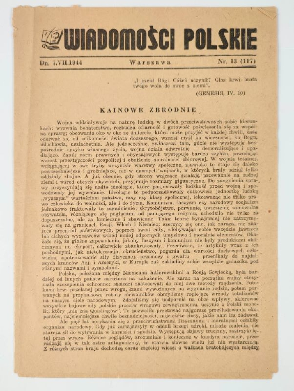 Wiadomości Polskie, dn. 7. VII. 1944, Nr 13  (117)  [Kainowe zbrodnie]