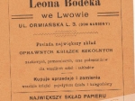 [koperta firmowa z ulotką reklamowa] Leon Bodek Księgarnia Antykwarnia Skład papieru