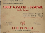 Mokotowska Fabryka Chemiczno-Farmaceutyczna Adolf Gąsecki i Synowie. Cennik wyrobów własnych /druk reklamowy/Warszawa, Marzec 1936