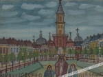 [akwarela, lata 1950-te] Krynica, święci na tle cerkwi w Krynicy